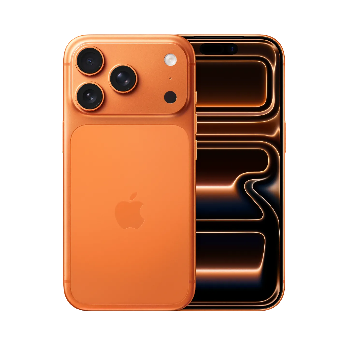 iPhone 17 Pro в цвете Cosmic Orange, вид спереди и сзади